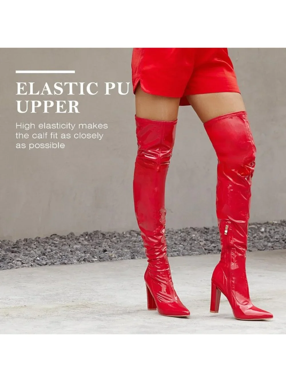 Women's Red Heeled Pointed Toe Patent Leather Over The Knee Thigh High Boots
